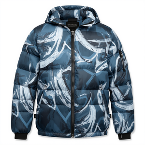 Veste d'hiver à capuche pour homme, style streetwear, imprimé abstrait, avec fermeture éclair sur le devant - Product Image 1