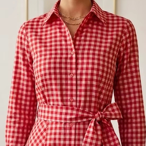 Ladies Red Plaid Maxi Cotton Dress Long Sleeve <b>Button</b> Front Belted A Line Fashion Dress. - Product Image 1