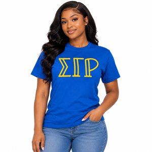 Camiseta Azul Rey Sigma Gamma Rho con Estampado de Letras Griegas Doradas, Manga Corta, Cuello Redondo, Ropa de Hermandad Griega, Top Clásico Informal - Product Image 1