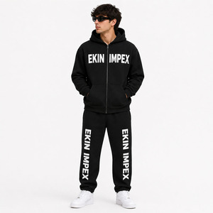 Custom Men Black Hoodie Tracksuit <b>Set</b> Printed Fleece Jogger Sweatsuit Streetwear OEM Private Label - Product Image 1