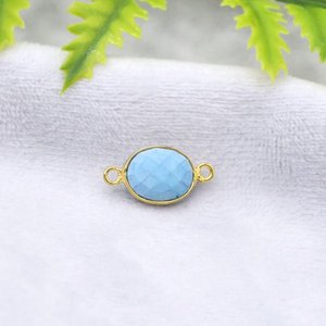 Connecteur ovale teinté turquoise 8x10mm plaqué or double attache, breloque en pierre précieuse pour bijoux - Product Image 1