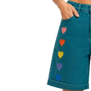 Teal Blue <b>Rainbow</b> Heart Embroidered Women Denim Shorts High Waist Casual Loose Fit Rolled Hem Cotton Summer Fashion Jeans Shorts - Product Image 3