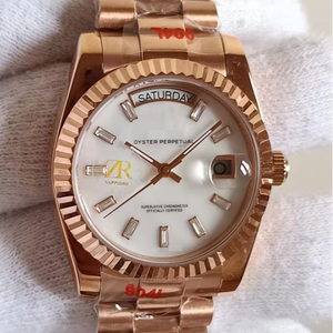 36mm Rose Gold Stainless Steel <b>Mechanical</b> <b>Watch</b> White Dial Baguette Hour Markers Hidden Clasp Luxury Hip Hop Style High Quality - Product Image 1