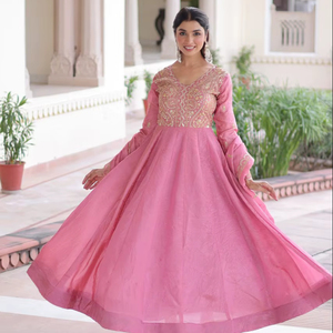 fitted lace wedding dress Blue Faux Georgette Full Sleeve Anarkali Gown with Dupatta, Embroidere –  Dealbazaarsonline.com main image 0