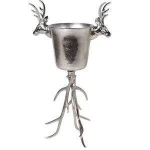 Refroidisseur à champagne de luxe en forme de tête de cerf, seau à glace en métal argenté avec base en bois de cerf, refroidisseur à vin pour la décoration de bar - Product Image 1