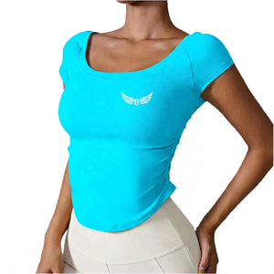 <b>Pink</b> Neck Crop <b>Top</b> With Embroidery Logo Women's Short Sleeve Stretchy Yoga Shirt Solid Color Breathable Fitness - Product Image 3