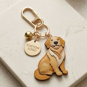 Premium Tan PU <b>Leather</b> Animal Bag Charm featuring Personalized Custom Gold Tag Golden Retriever <b>Keychain</b> - Product Image 2