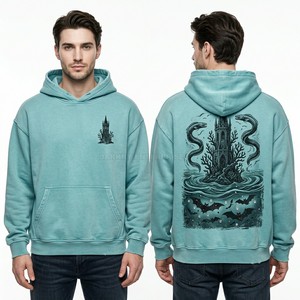 เสื้อฮู้ดดี้สีเขียวอมฟ้าแบบสั่งทำพิเศษสำหรับผู้ชาย เสื้อสเวตเชิ้ตโอเวอร์ไซส์ลายกราฟิกธีมแวมไพร์ เสื้อฮู้ดดี้ทรงหลวมไหล่ตกแบบสวมหัว OEM - Product Image 5
