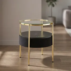 Modern Round Glass <b>Side</b> <b>Table</b> with <b>Gold</b> Metal Frame and Black Storage Base Living Room Furniture with charging socket - Product Image 3
