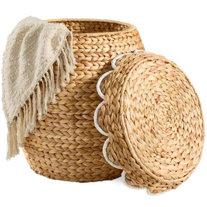 New Arrival Water Hyacinth Storage <b>Basket</b> With Scalloped Lid And Round Woven Cover Natural Organizer Hamper For Bedroom Decor - Product Image 1