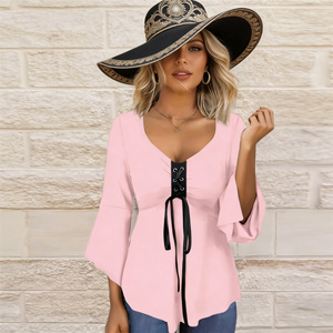 Oferta especial en blusa de moda para mujer de Temu, con cuello en V, cordones en la parte delantera, mangas acampanadas, dobladillo asimétrico, estilo casual y holgado para el fin de semana. - Product Image 3