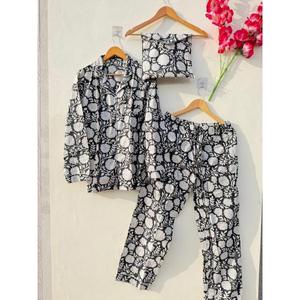 <b>Black</b> Floral Cotton <b>Pajama</b> <b>Set</b> Women | Soft Breathable Nightwear Lounge Wear PJ <b>Set</b> with Shirt & Pants - Product Image 1