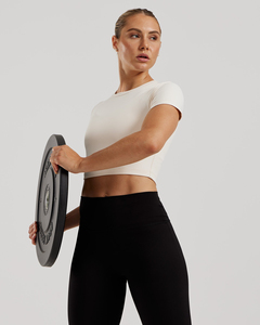 Ivory Crop <b>Top</b> Short Sleeves Crew Neck Minimalist Style Breathable Four-Way Stretch Knitted Polyester/Cotton <b>Sequined</b> Women - Product Image 3