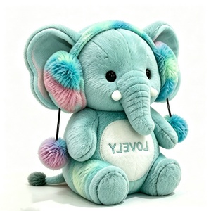 Orejeras de peluche de elefante personalizadas en degradado rosa-azul verdoso, orejeras de peluche de elefante con pompón degradado y vientre blanco, elefante de peluche bordado. - Product Image 1