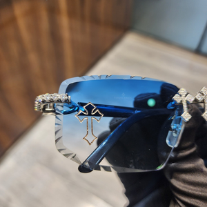 Moissanite Cross Limited Edition Branded Fully Customized Diamond Blue Shade <b>Rimless</b> Square Light Weight UV400 <b>Sunglasses</b> Unisex - Product Image 2