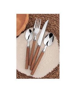 Juego de cubiertos metálicos de estilo industrial moderno con mango de madera, utensilios de acero inoxidable resistentes para cocinas comerciales. - Product Image 2