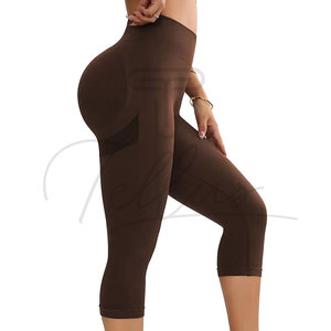 High Waist Ribbed Capri Yoga <b>Leggings</b> With Mesh Panels Seamless Stretchy Workout Pants Solid Color Knee Length Tights - Product Image 3