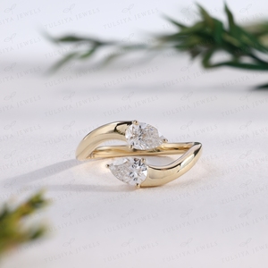 Pear Cut <b>Ring</b> Yellow Gold Two Stone Engagement <b>Ring</b> Bypass Stacking Band Trendy Bridal <b>Fine</b> Jewelry - Product Image 1