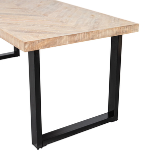 Table de salle à manger industrielle en bois de manguier massif avec plateau carré à motif rayé, finition blanche vieillie et noire, et pieds en métal en forme de U - Product Image 6
