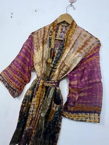 Bata de seda pura estilo bohemio con efecto tie-dye, kimono corto para mujer, talla única, kimono de verano para mujer - Product Image 2