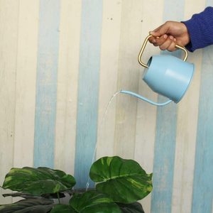 Regadera metálica clásica de color azul con boquilla inclinada de fácil llenado para regar plantas en el patio o la cocina, de un proveedor indio. - Product Image 2