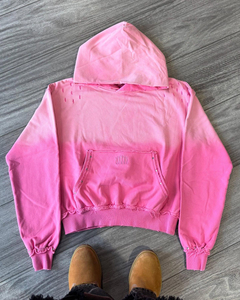 Sweat-shirt rose surdimensionné à capuche avec poche ornée de strass et ourlet effiloché, unisexe, en coton tricoté, style automne - Product Image 1
