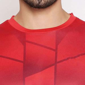 T-shirt à manches courtes pour homme, motif géométrique rouge, coupe ajustée, séchage rapide, sportif, col rond, tricoté en polyester - Product Image 6
