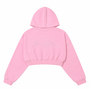 Custom Logo Women's Pink Rhinestone <b>Zip</b> <b>Up</b> <b>Cropped</b> Hoodie Y2K Streetwear Long Sleeve Loose Fleece Short Sweatshirt Wholesale - Product Image 3