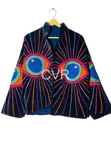 Veste décontractée en coton pour femmes grandes tailles, style vintage, broderie florale, col mandarin, automne - Product Image 2