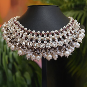 Designer Choker Necklace Set 10575611PU <b>Fine</b> <b>Jewelry</b> with Sparkle Austrian Stone Pearl Beads - Product Image 3