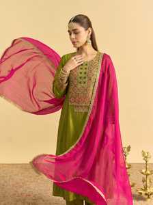 Traditional Indian Vichitra <b>Silk</b> Embroidered Green & <b>Pink</b> Party Suit Dupatta Women Wedding Wear All Seasons Vichitra <b>Top</b> Bottom - Product Image 1