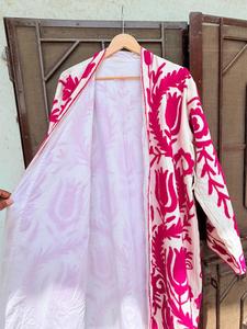 Robe de bain pour femme en coton 100% écologique, rose, à fleurs, style Suzani, manches longues, col en V, avec ceinture, pour l'été - Product Image 4