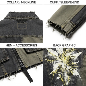 Veste en jean patchwork pour homme, coupe ample, finition usée, poches cargo, style utilitaire, bordure brute, fermeture éclair, 100% coton - Product Image 4