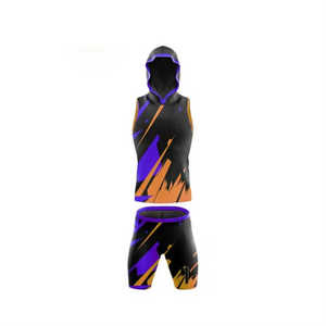 Ensemble de maillot de basket à capuche pour homme, imprimé par sublimation, motif géométrique, anti-humidité, débardeur ajusté sans manches et short - Product Image 3