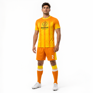 ROMAA APPAREL CO. ชุดเสื้อฟุตบอลผู้ชายลายทางสีส้มเหลืองแขนสั้นคอกลมระบายความชื้นได้ดีทรงสปอร์ต - Product Image 1