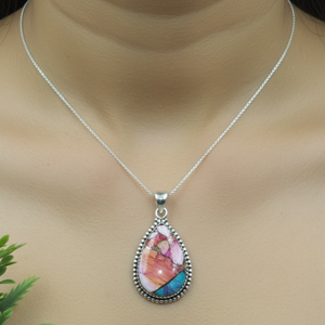 Pendentif en argent 925 fait main, perles et filigrane, incrustation de pierres précieuses en forme de poire, motifs rose, bleu, huître, cuivre, turquoise, cadeau bijou, style bohème chic - Product Image 2