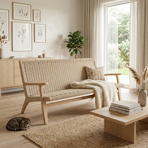 Banc d'appoint deux places en rotin tressé et bois massif, structure en teck naturel, canapé moderne pour salon - Product Image 4