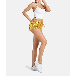 Gold Metallic Shorts Women Elastic Smocked Drawstring Waist Shiny Smooth Rave <b>Dance</b> Festival Hot <b>Pants</b> - Product Image 3