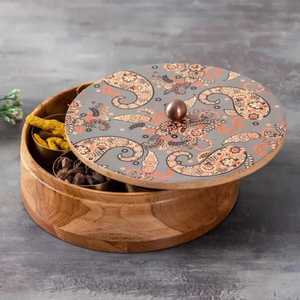 Round Wooden Dry Fruit Box with Glass Lid 5 Compartment Nut Serving Tray Handcrafted Wood Snack Storage Case Luxury Gift Organiz - Product Image 5