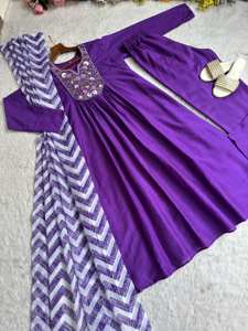 <b>women</b> purple v neck embroidered silk ethnic a line <b>kurti</b> with zigzag print scarf stylish party wear traditional outfit - Product Image 5