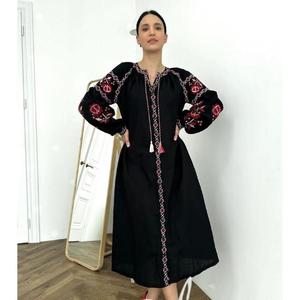 Vestido Premium Bordado de Ucrania para Mujer, Corte en A, Bordado Hecho a Mano, Diseño Vintage, Cintura Natural, 100% Algodón, Largo hasta el Tobillo, Negro - Product Image 2