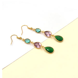 Pendientes Colgantes Bohemios con Flores y Piedras Preciosas Variadas |   Apatita, Cuarzo Rosa, Cuarzo Esmeralda, Corte Checker, Latón Chapado en Oro de 18K - Product Image 3