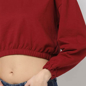เสื้อสเวตเชิ้ตมีฮู้ดแบบครอปสำหรับผู้หญิง แขนยาว สีพื้น ผ้าฝ้ายถัก ระบายอากาศได้ดี สวมใส่สบายๆ ในฤดูใบไม้ร่วง สีแดงล้วน - Product Image 2