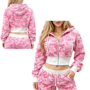 Conjunto de Sudadera Corta con Capucha y Cremallera para Mujer, Rosa Camuflaje, con Pedrería, Parches Bordados Brillantes y a la Moda, y Pantalones Jogger, OEM - Product Image 1