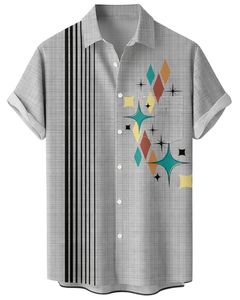 Camisa de Manga Corta con Botones y Estampado Geométrico Retro Gris Claro, Ropa Casual de Verano para Hombre, Fabricante OEM, Suministro al por Mayor - Product Image 1