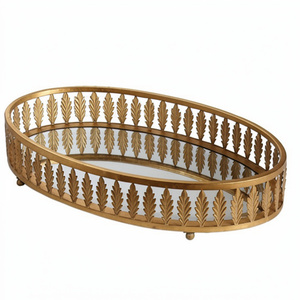 Steel Metal <b>Mirror</b> Glass Oval Shape Leaf Design Serving <b>Tray</b> Customized Light Luxury Decorative <b>Tray</b> - Product Image 1