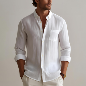 Camisa de Hombre de Verano, Transpirable, de Lino y Algodón, Satén, Informal, Antiarrugas, con un Solo Botón, Cuello Camisero, Manga Larga, Lisa - Product Image 3
