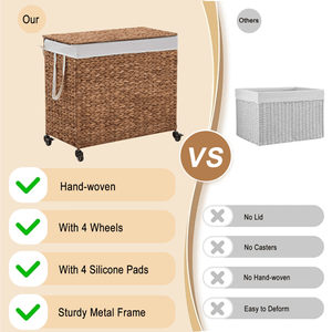Cesto para Ropa Sucia de 160L, 3 Secciones, Tejido con Jacinto de Agua Natural, con Tapa y Ruedas, Diseño con Ruedas para Mayor Comodidad - Product Image 2