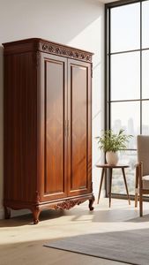 Armoire de luxe en bois massif artisanal à 2 portes, avec des sculptures florales ornées, finition en noyer de qualité supérieure - Product Image 5