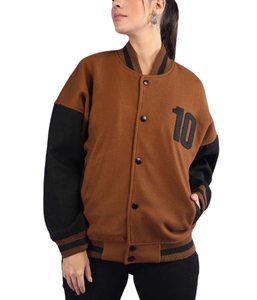 Chaqueta Varsity Marrón para Mujer, Manga Larga, Color en Contraste, Número 10, Logotipo Frontal, Estilo Otoñal, Largo Regular, Cuello con Botones - Product Image 3